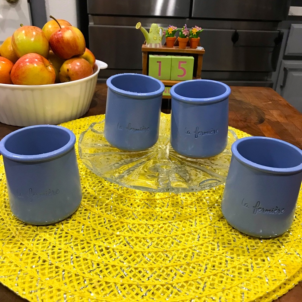 Vintage La Fermiere Glazed Terracotta French Yogurt Set of 4 Crocks